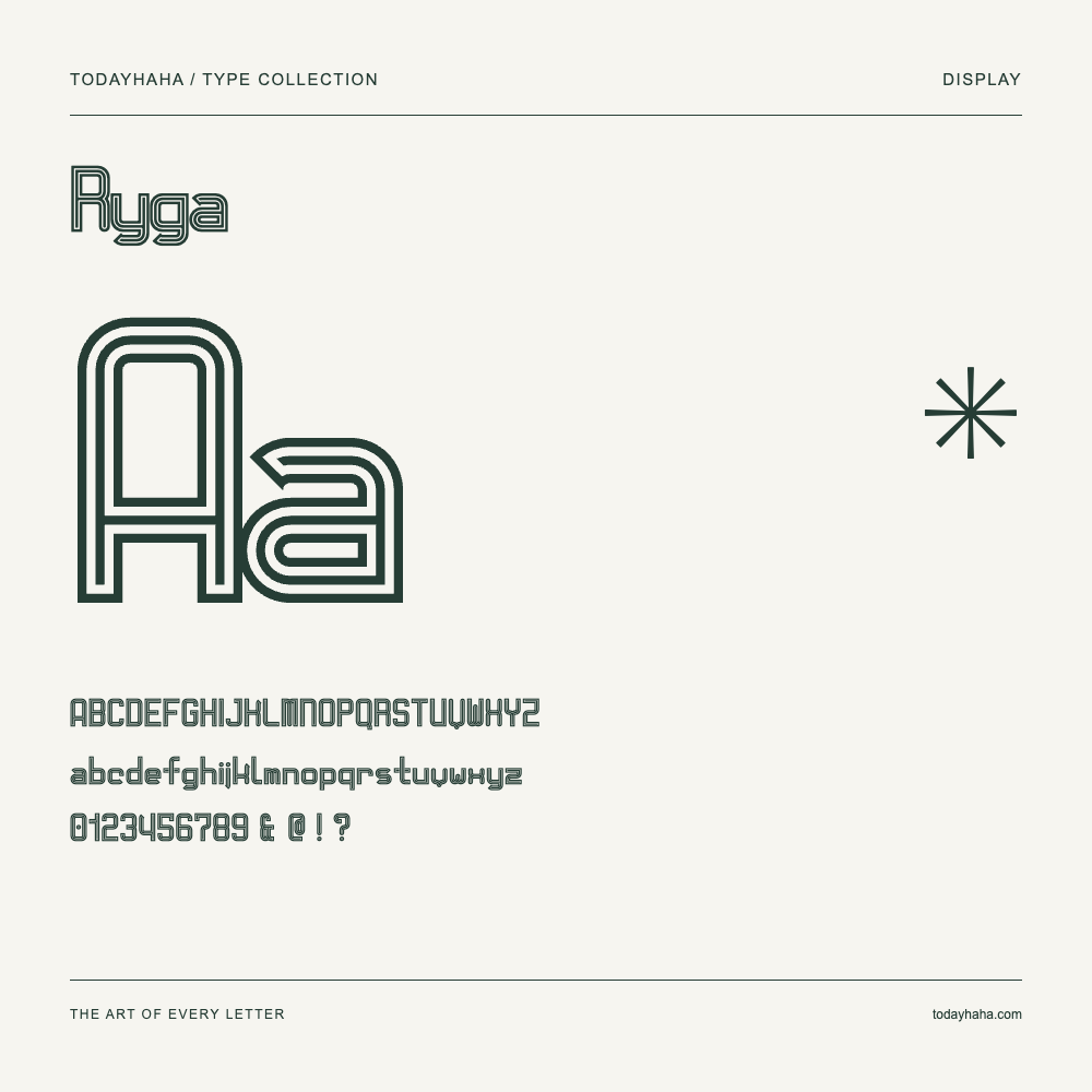Ryga — Schriftmuster mit Großbuchstaben, Kleinbuchstaben und Ziffern