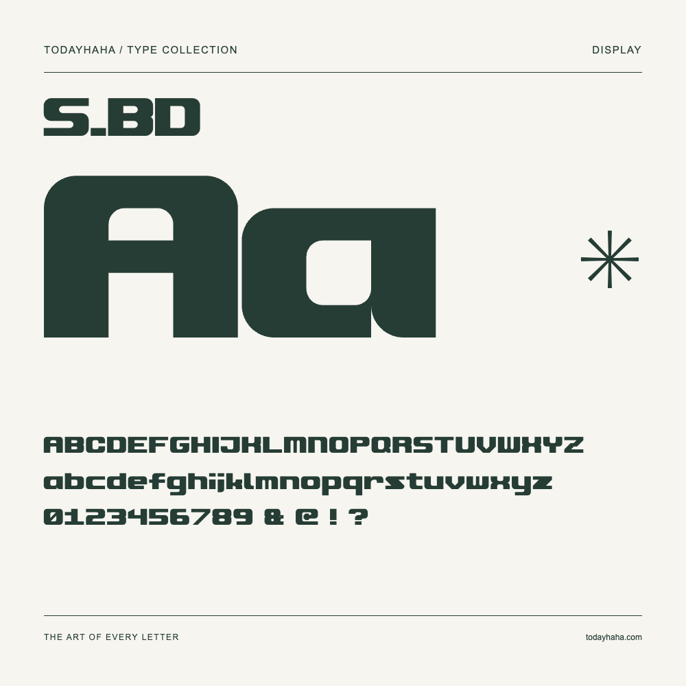 S.BD — Spécimen avec majuscules, minuscules et chiffres