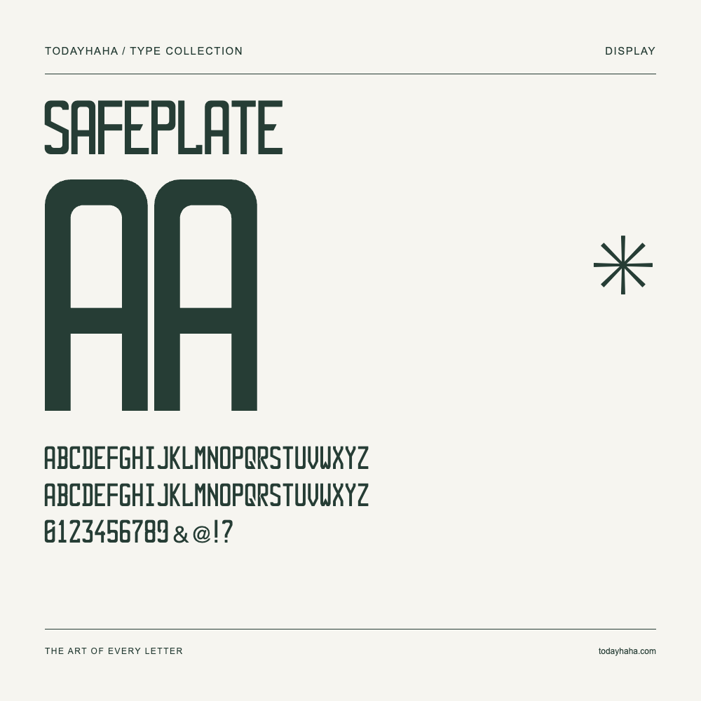 Safeplate — Schriftmuster mit Großbuchstaben, Kleinbuchstaben und Ziffern