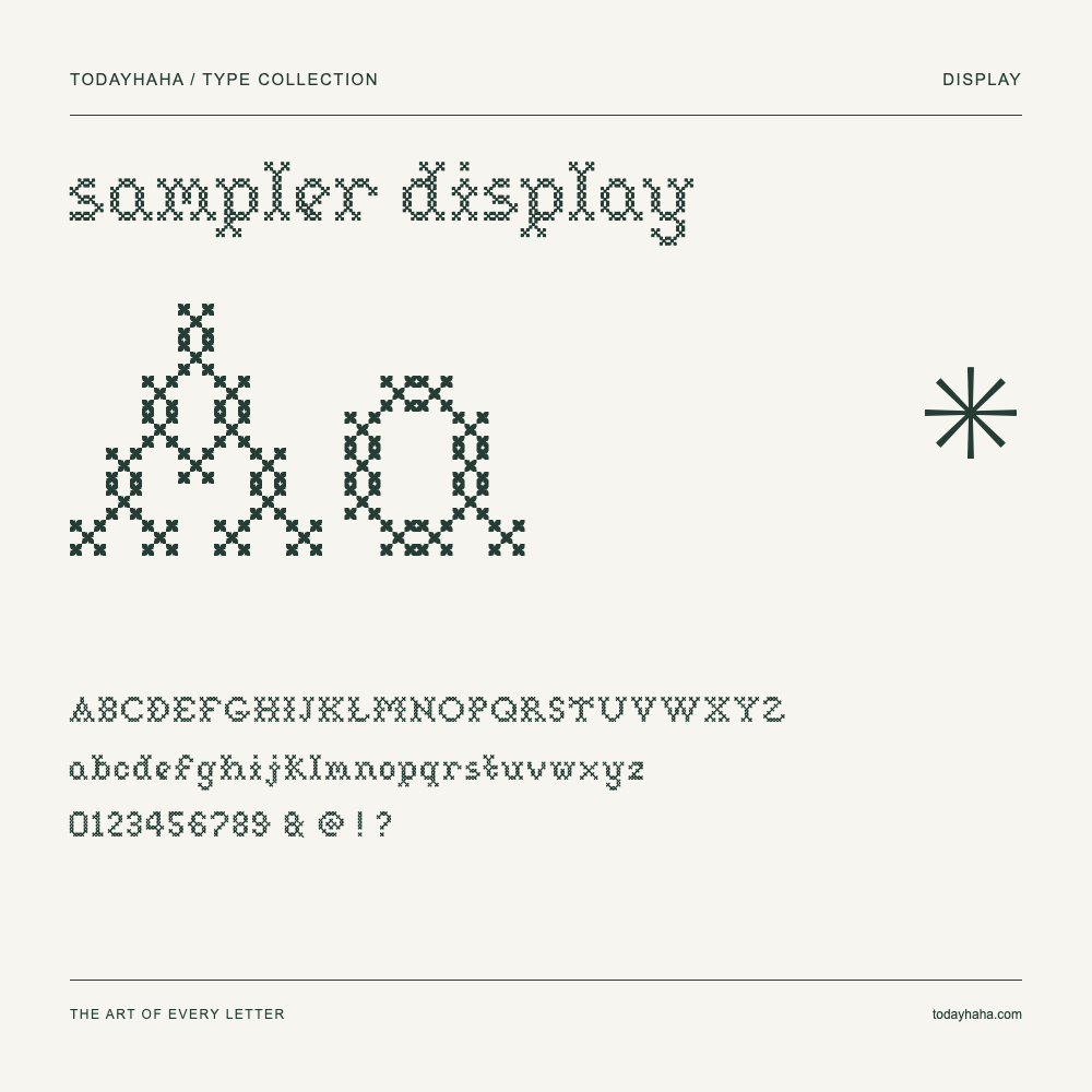 sampler display — Schriftmuster mit Großbuchstaben, Kleinbuchstaben und Ziffern