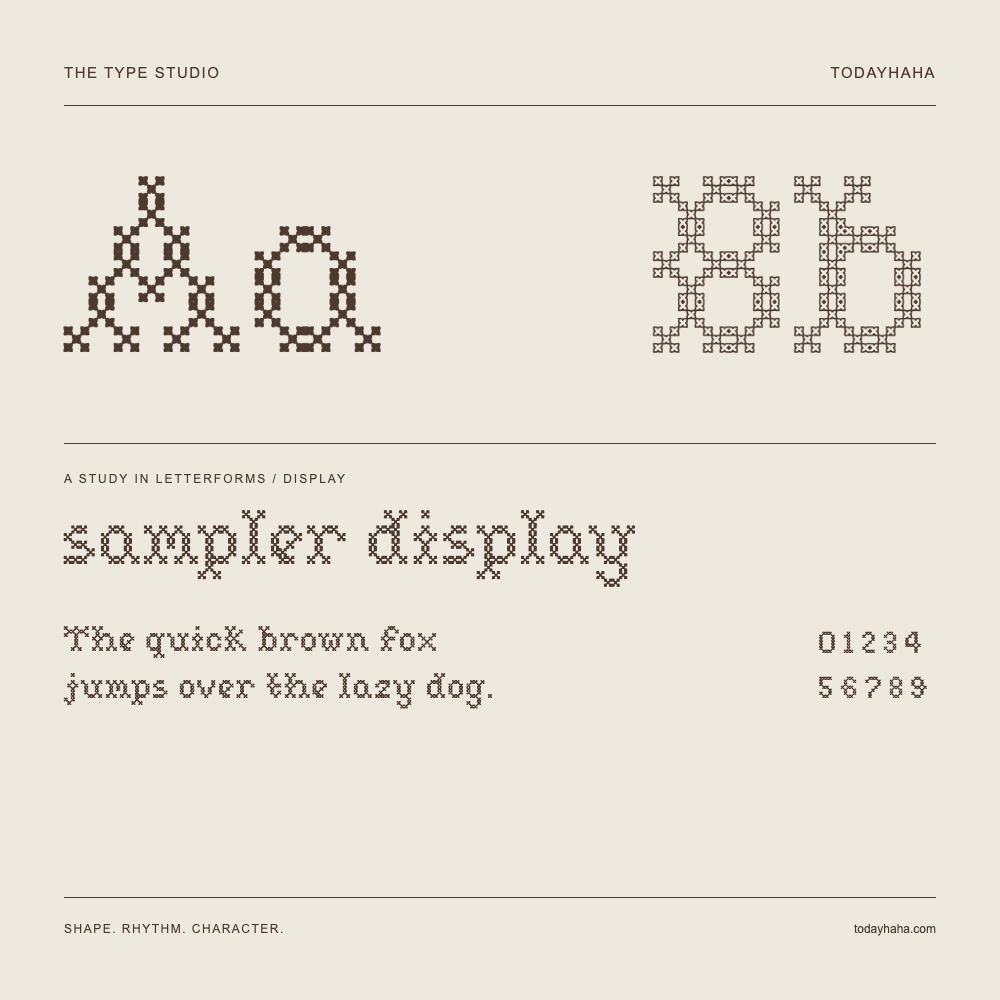 sampler display — Buchstabenstudie mit Beispielsatz und Ziffern