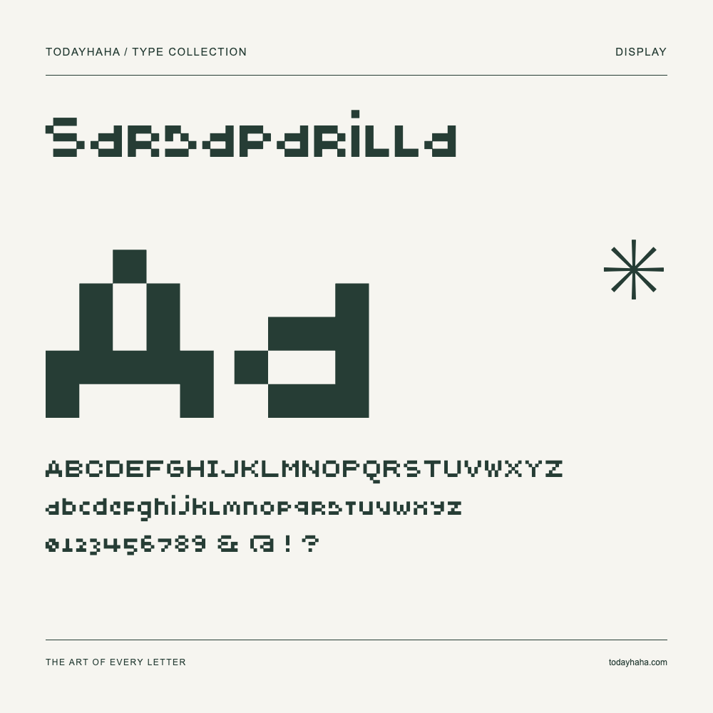 Sarsaparilla — Schriftmuster mit Großbuchstaben, Kleinbuchstaben und Ziffern