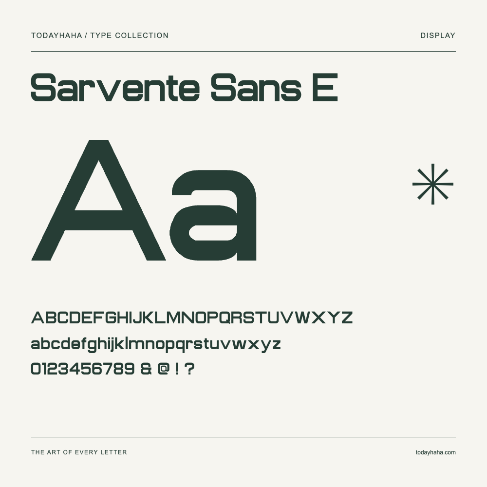 Sarvente Sans E — Schriftmuster mit Großbuchstaben, Kleinbuchstaben und Ziffern