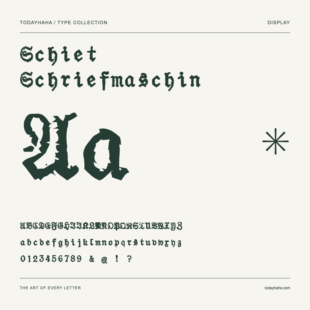 Schiet Schriefmaschin — Font specimen with uppercase and lowercase letters and numbers