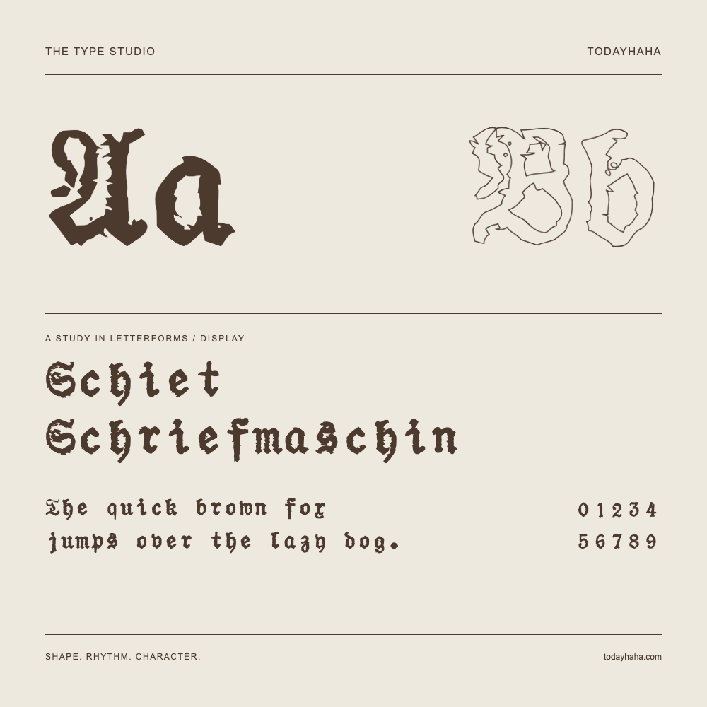 Schiet Schriefmaschin — Letterform study with sample sentence and numbers