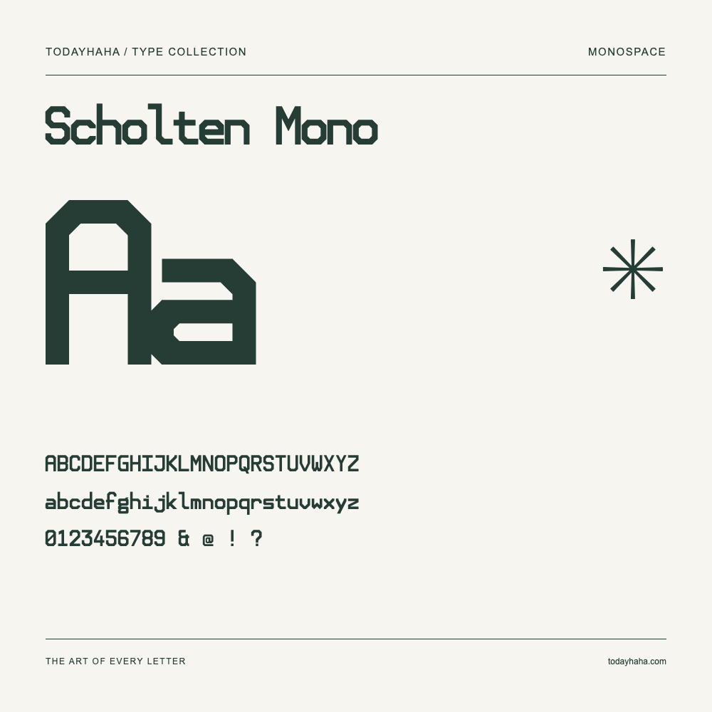 Scholten Mono — Muestra de mayúsculas, minúsculas y números