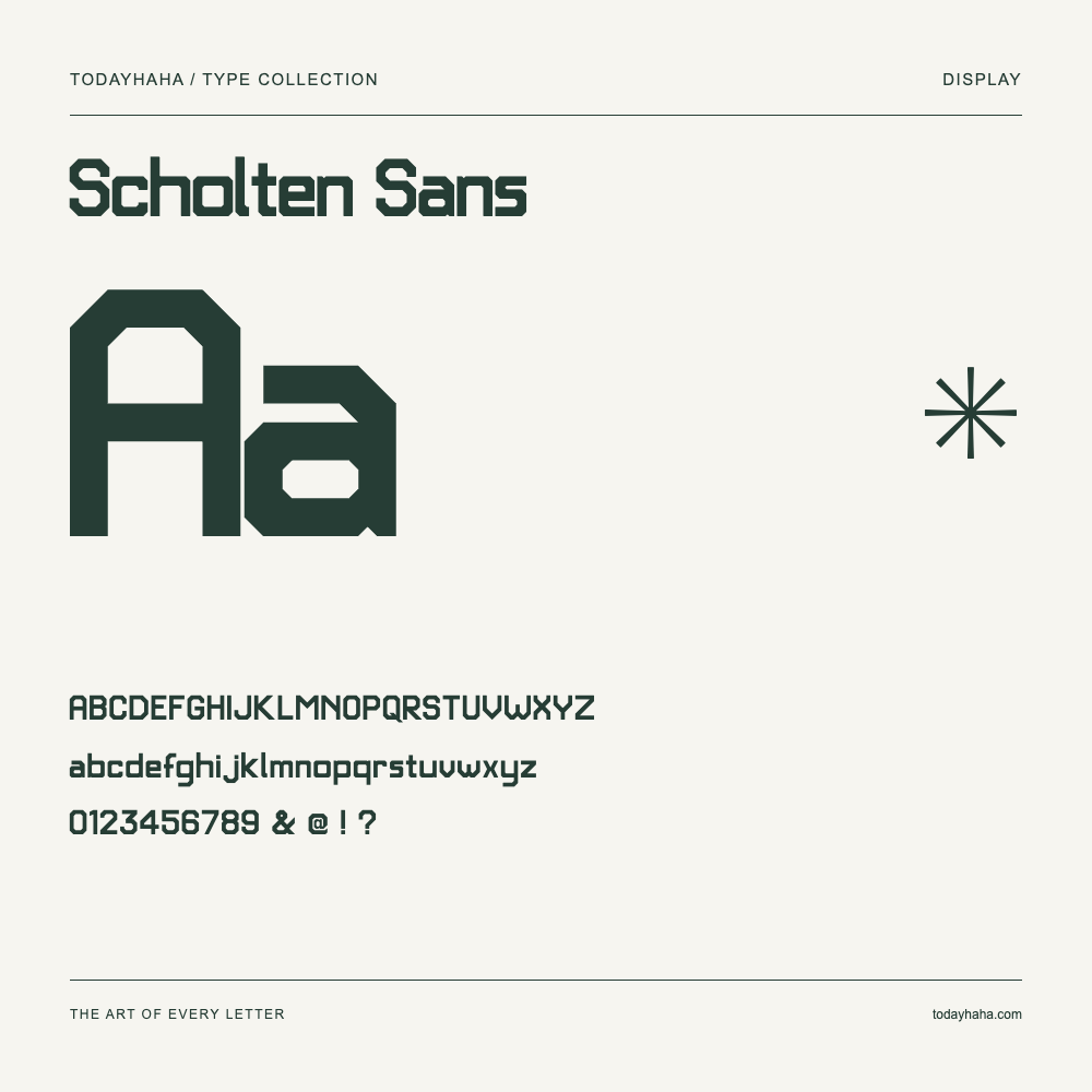 Scholten Sans — Muestra de mayúsculas, minúsculas y números