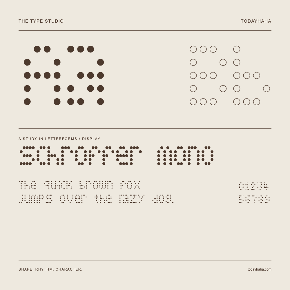 Schroffer Mono — Buchstabenstudie mit Beispielsatz und Ziffern
