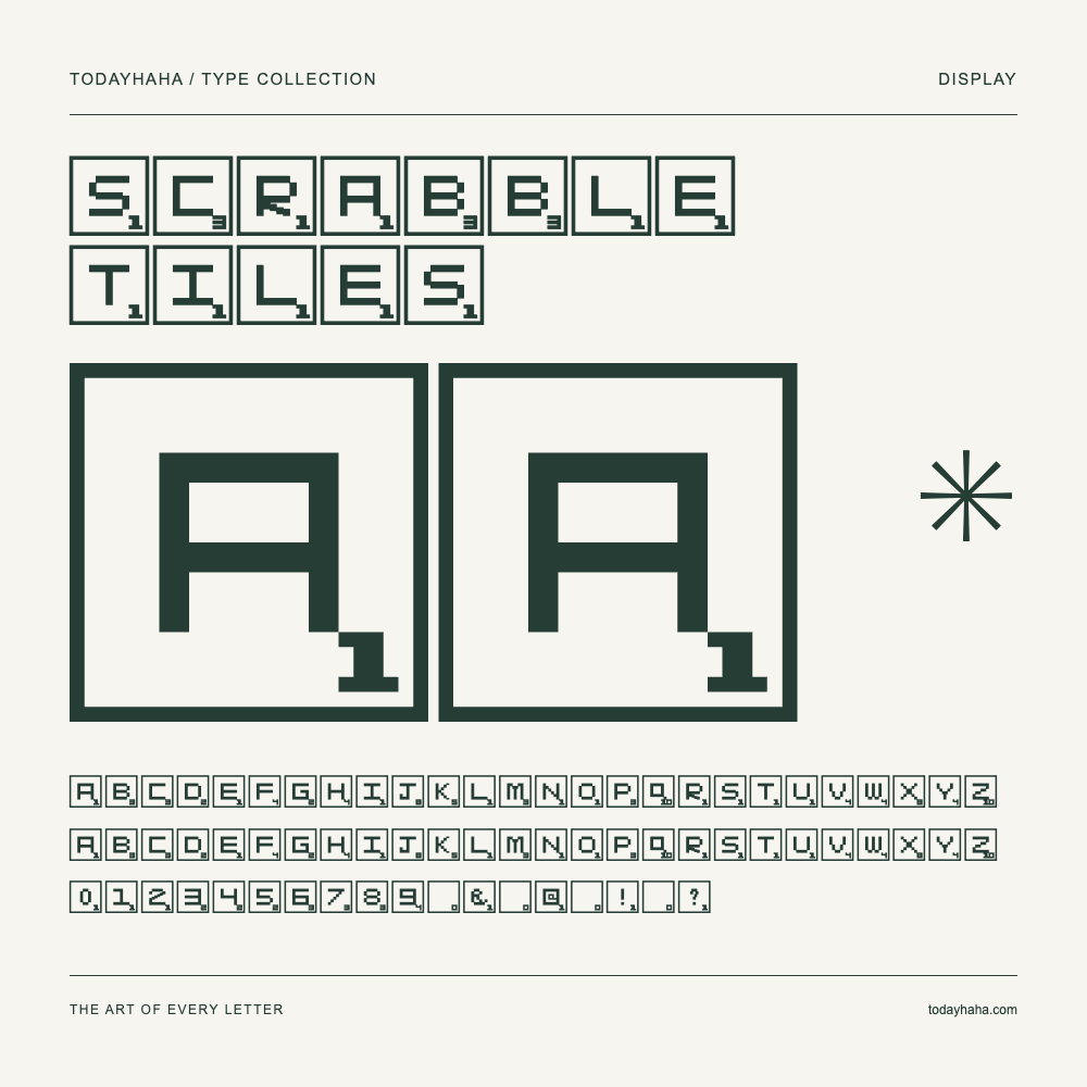 Scrabble Tiles — Muestra de mayúsculas, minúsculas y números