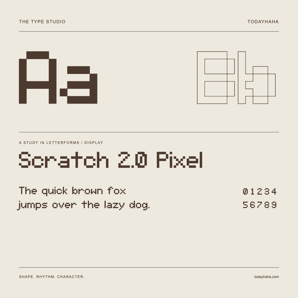 Scratch 2.0 Pixel — Letterform study with sample sentence and numbers