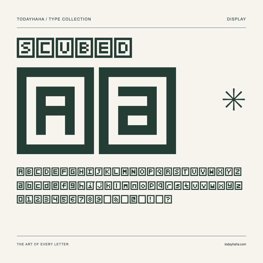 SCUBED — Spécimen avec majuscules, minuscules et chiffres
