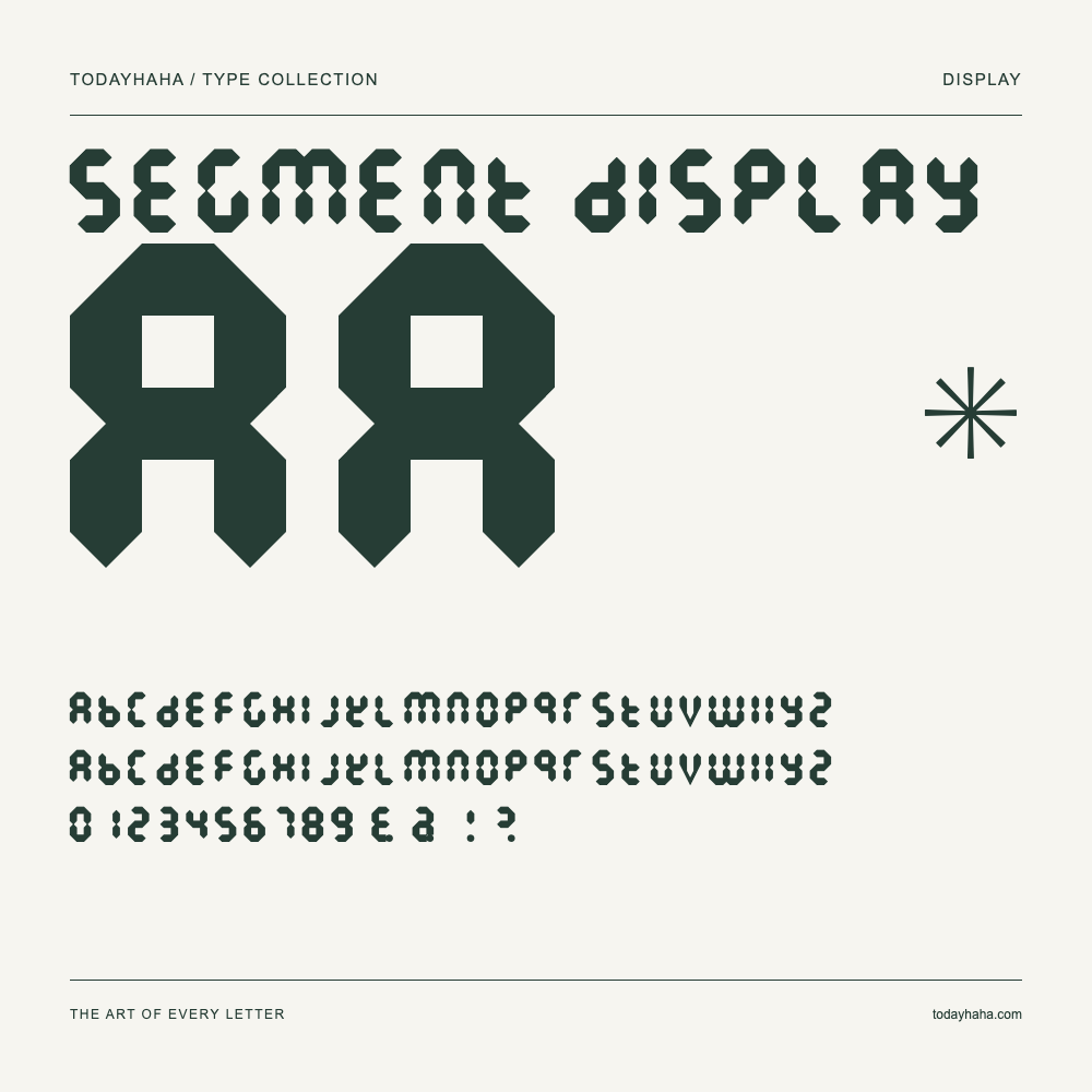 Segment Display — Font specimen with uppercase and lowercase letters and numbers