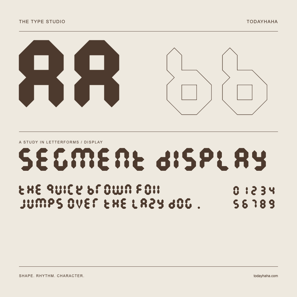 Segment Display — Letterform study with sample sentence and numbers