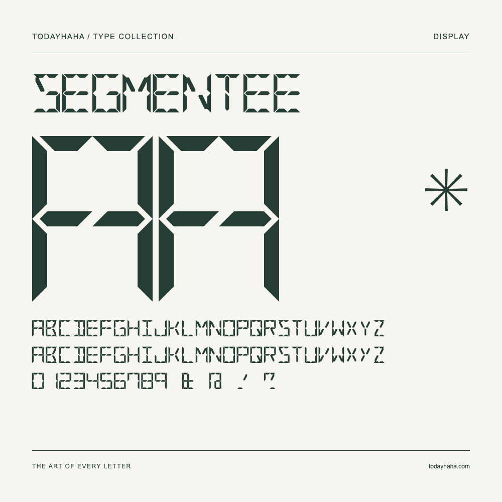 Segmentee — Schriftmuster mit Großbuchstaben, Kleinbuchstaben und Ziffern