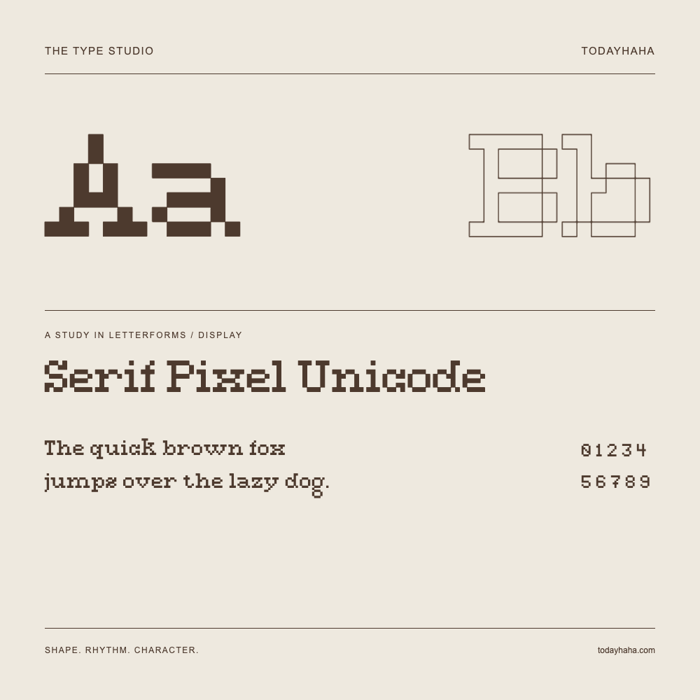 Serif Pixel Unicode — 字形展示：示例句子与数字