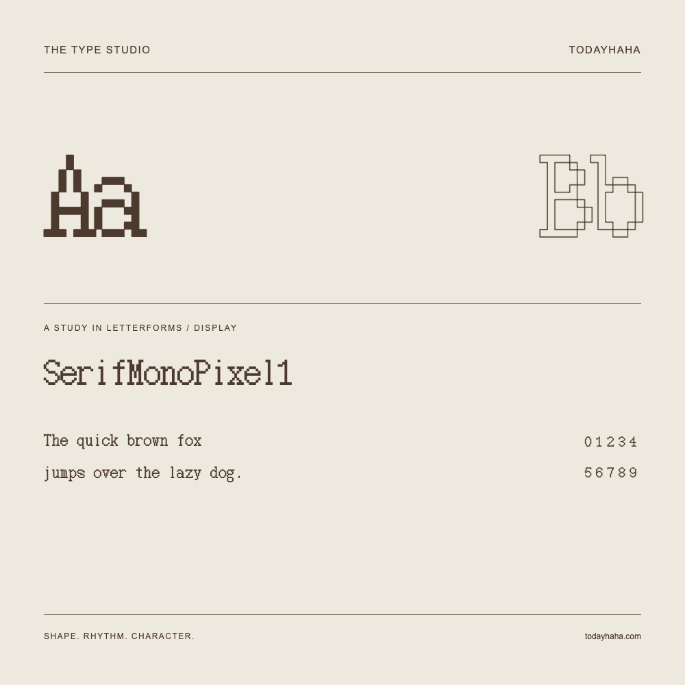 SerifMonoPixel1 — Studio delle lettere con frase e numeri