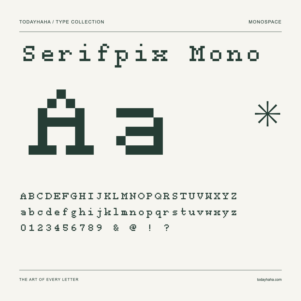 Serifpix Mono — Schriftmuster mit Großbuchstaben, Kleinbuchstaben und Ziffern
