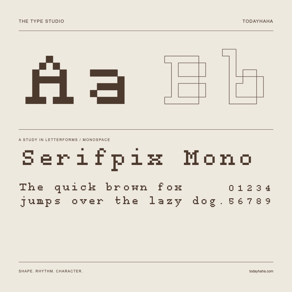 Serifpix Mono — Buchstabenstudie mit Beispielsatz und Ziffern