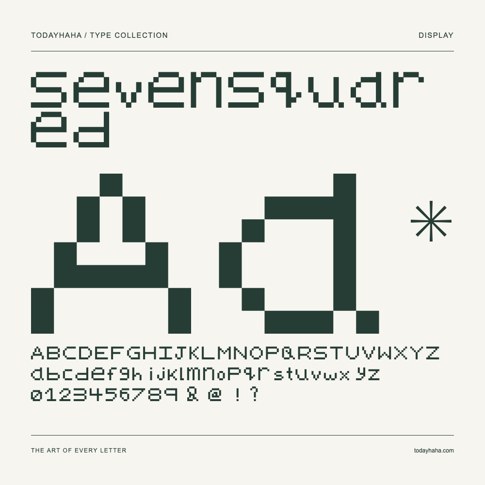 SevenSquared — Font specimen with uppercase and lowercase letters and numbers