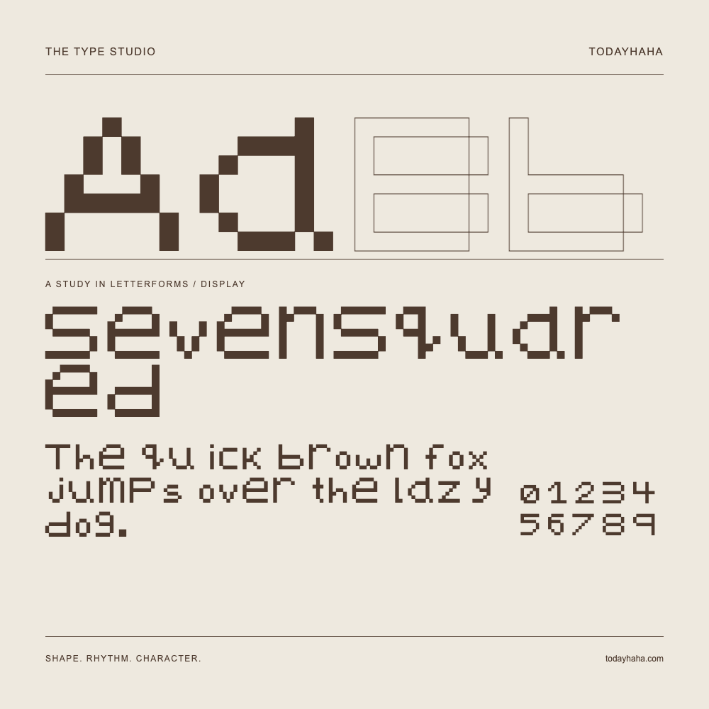 SevenSquared — Letterform study with sample sentence and numbers