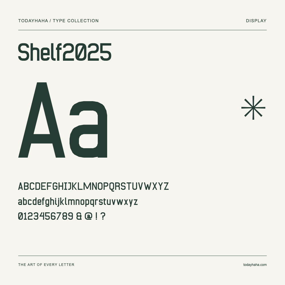 Shelf2025 — Schriftmuster mit Großbuchstaben, Kleinbuchstaben und Ziffern