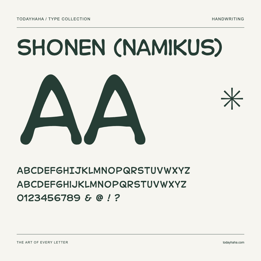 Shonen (Namikus) — Font specimen with uppercase and lowercase letters and numbers