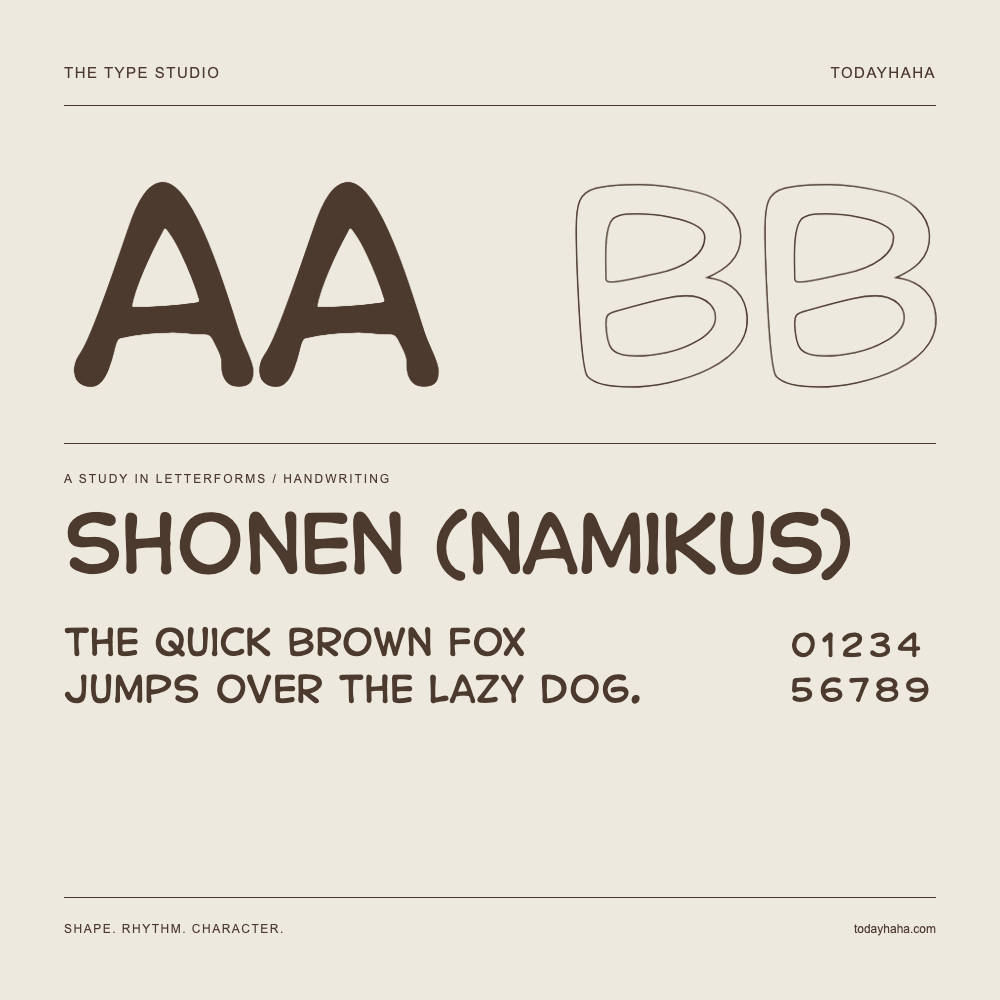 Shonen (Namikus) — Letterform study with sample sentence and numbers