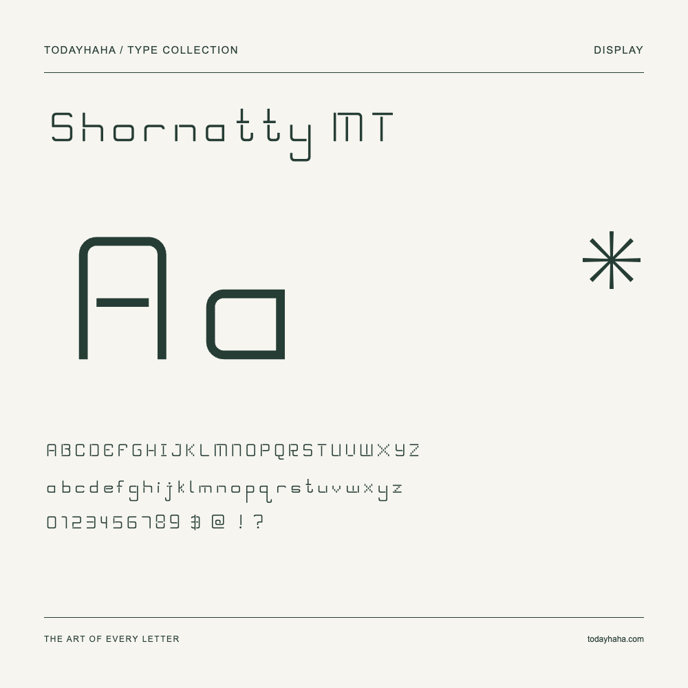 Shornatty MT — Schriftmuster mit Großbuchstaben, Kleinbuchstaben und Ziffern