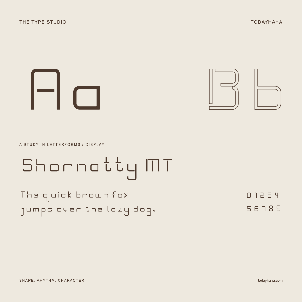 Shornatty MT — Buchstabenstudie mit Beispielsatz und Ziffern