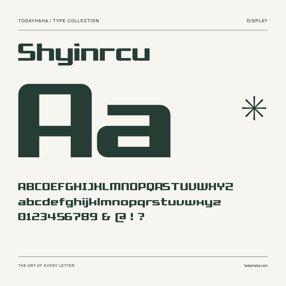 Shyinrcu — Spécimen avec majuscules, minuscules et chiffres