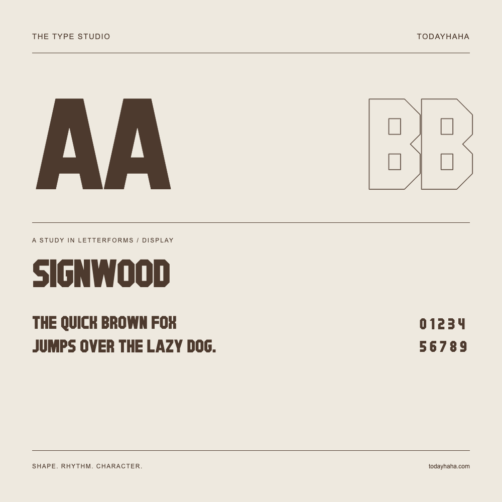 Signwood — Letterform study with sample sentence and numbers