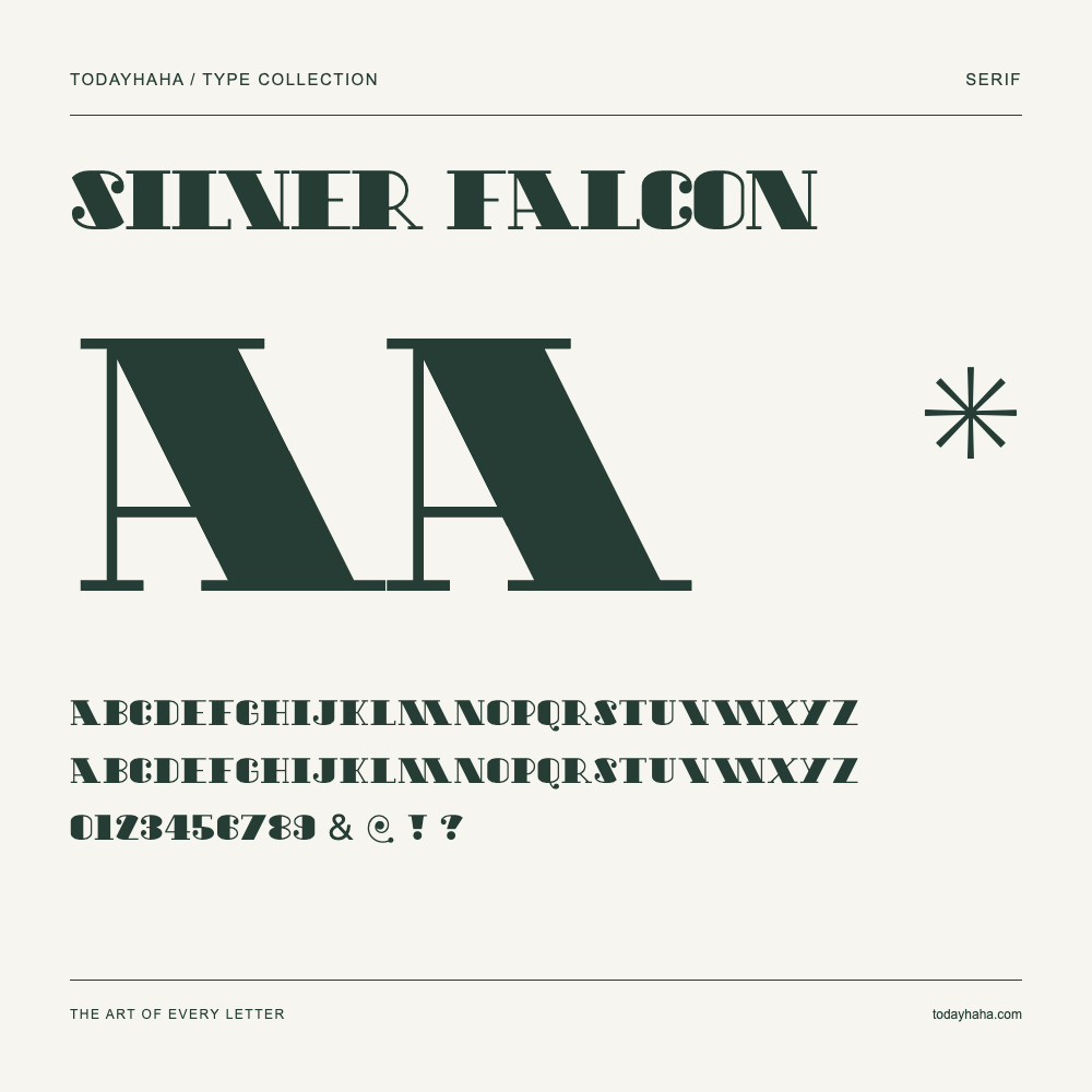 Silver Falcon — Font specimen with uppercase and lowercase letters and numbers