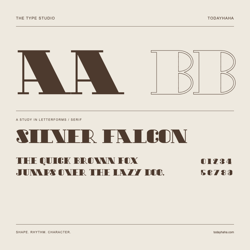 Silver Falcon — Letterform study with sample sentence and numbers