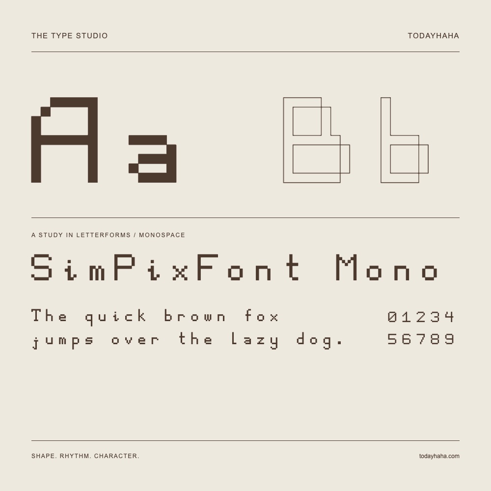 SimPixFont Mono — Estudio de letras con una frase y números