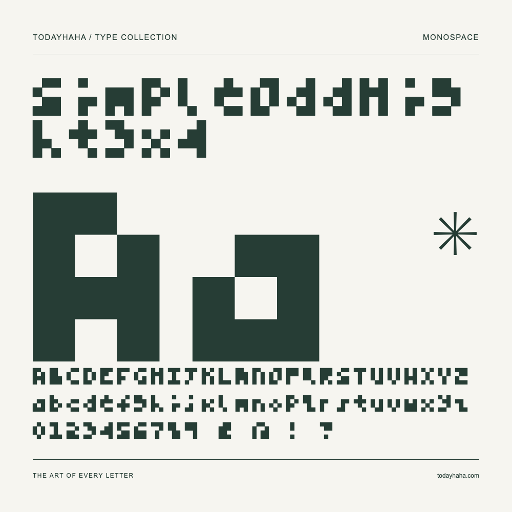 SimpleOddHight3x4 — Font specimen with uppercase and lowercase letters and numbers