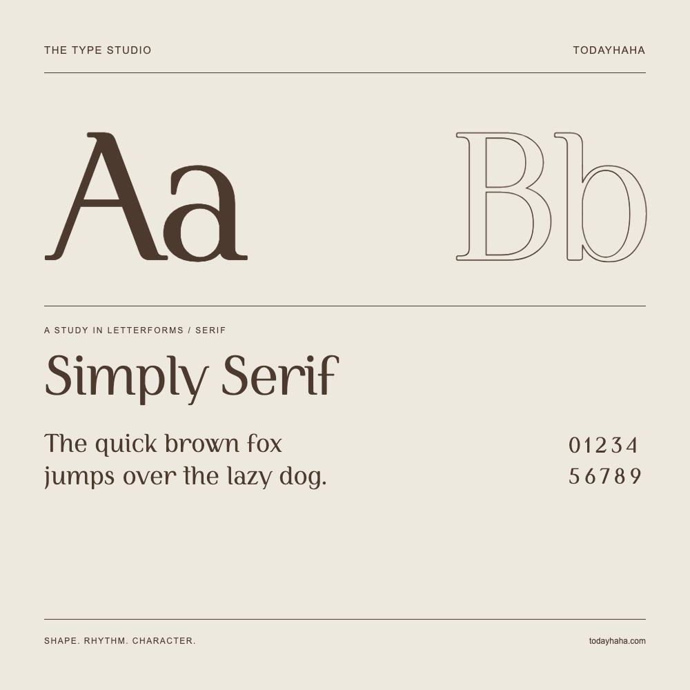 Simply Serif — Letterform study with sample sentence and numbers