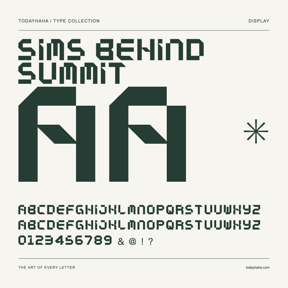 Sims Behind Summit — Font specimen with uppercase and lowercase letters and numbers