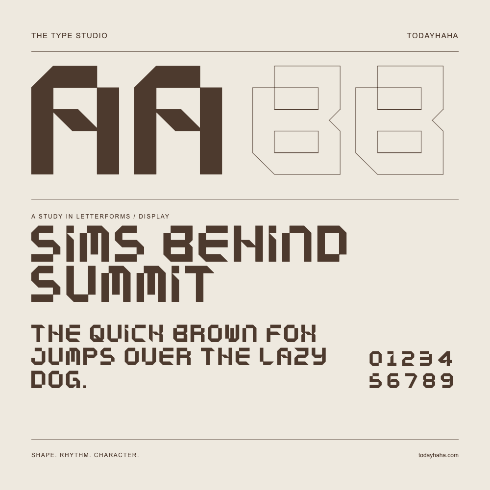 Sims Behind Summit — Letterform study with sample sentence and numbers