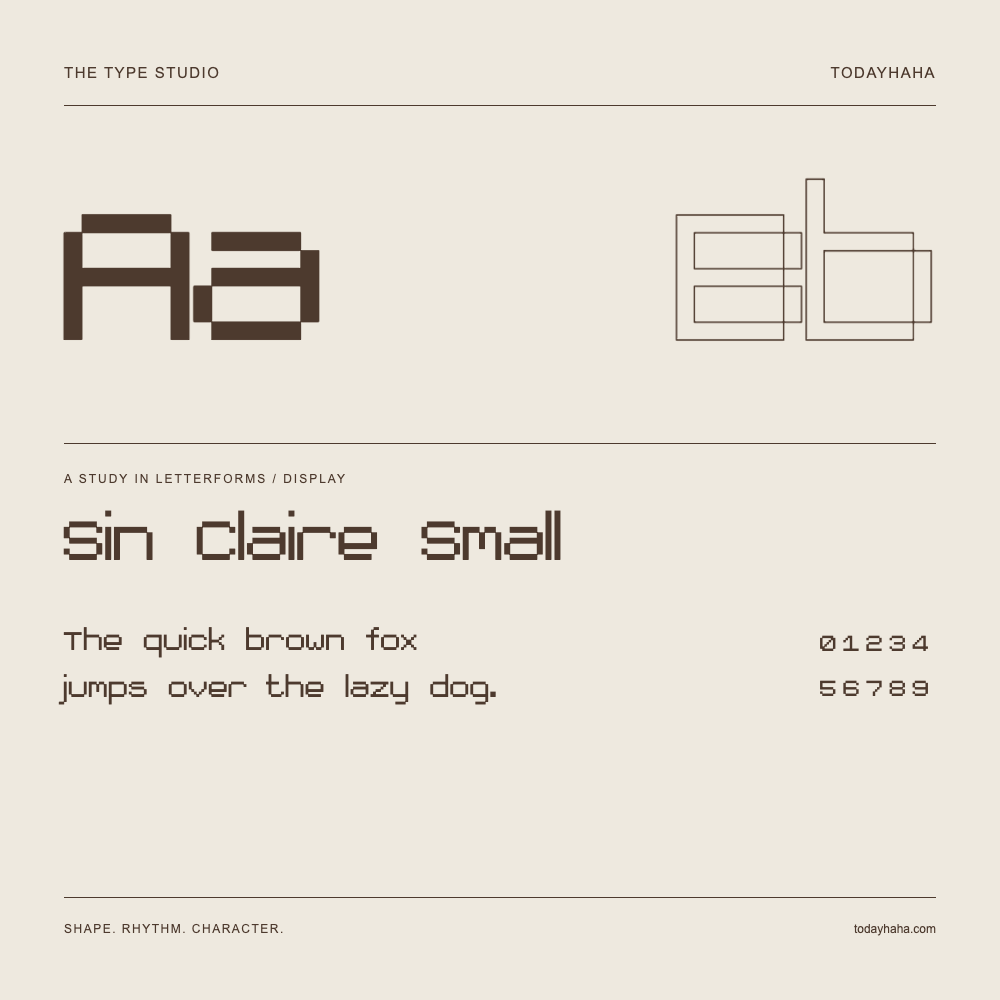 Sin Claire Small — Buchstabenstudie mit Beispielsatz und Ziffern