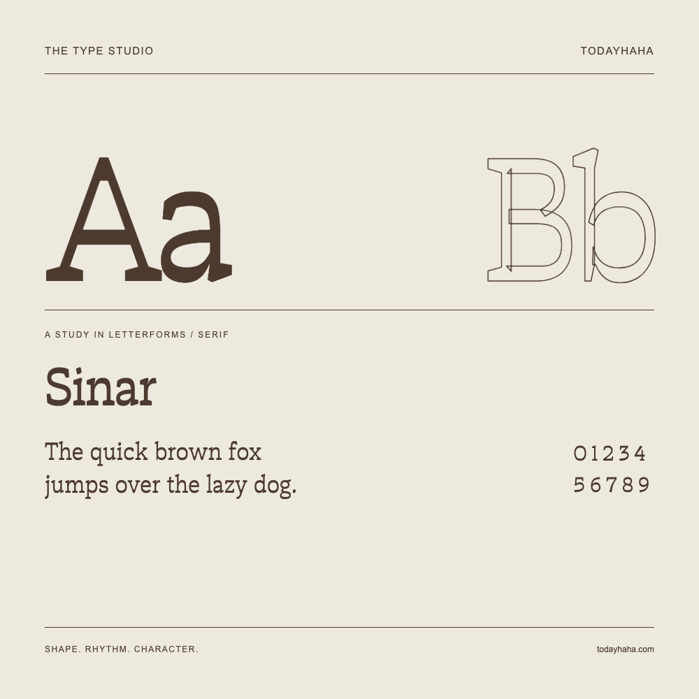 Sinar — Letterform study with sample sentence and numbers