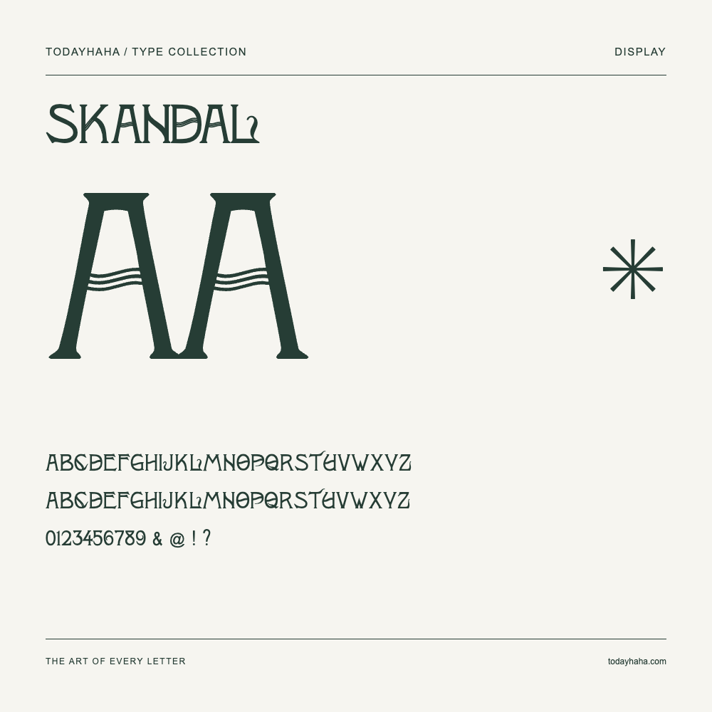 Skandal — Schriftmuster mit Großbuchstaben, Kleinbuchstaben und Ziffern