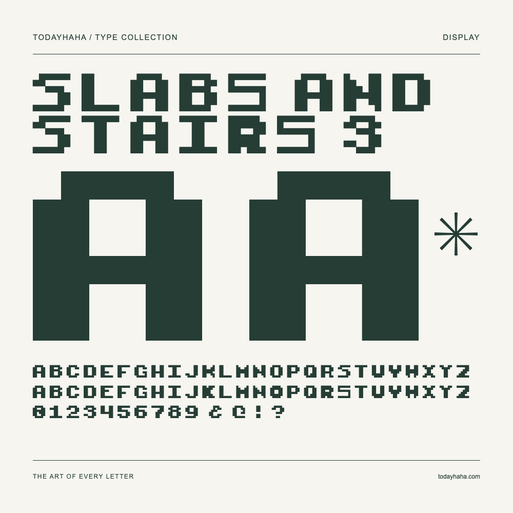 Slabs And Stairs 3 — Font specimen with uppercase and lowercase letters and numbers