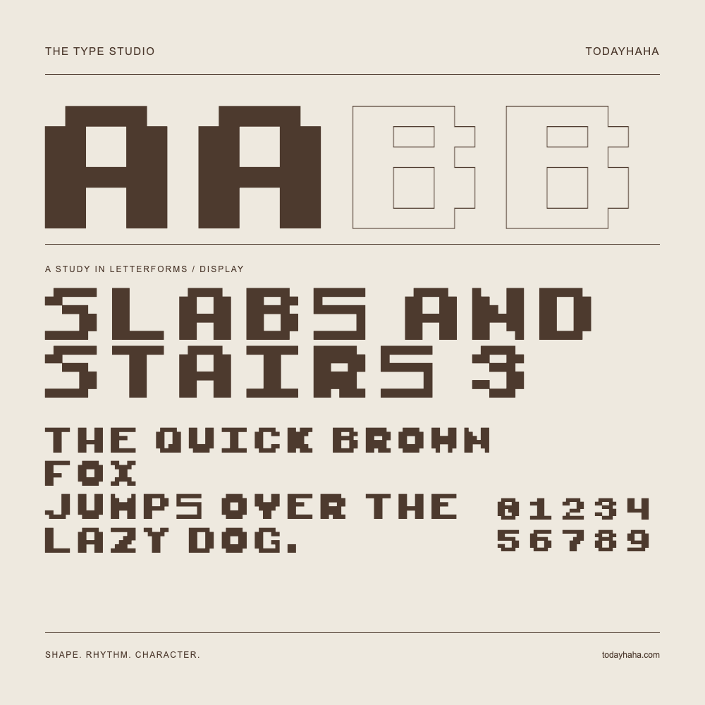Slabs And Stairs 3 — Letterform study with sample sentence and numbers