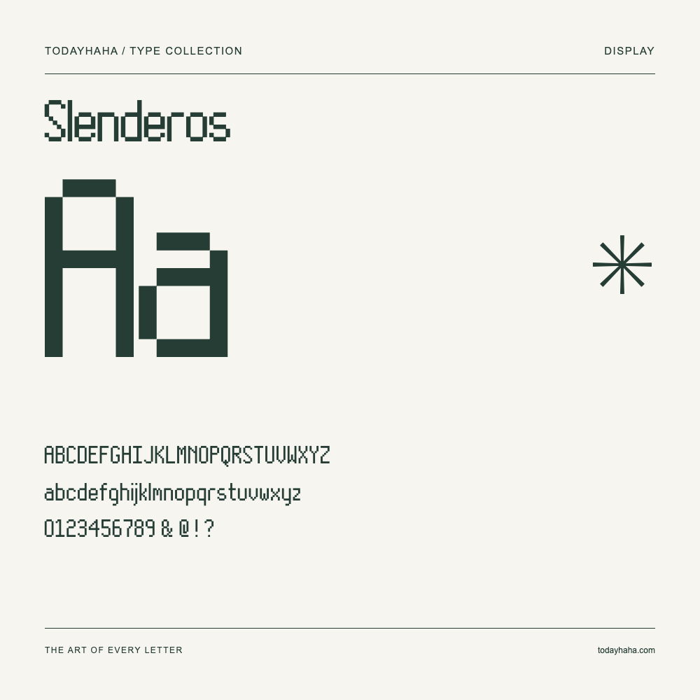 Slenderos — Font specimen with uppercase and lowercase letters and numbers
