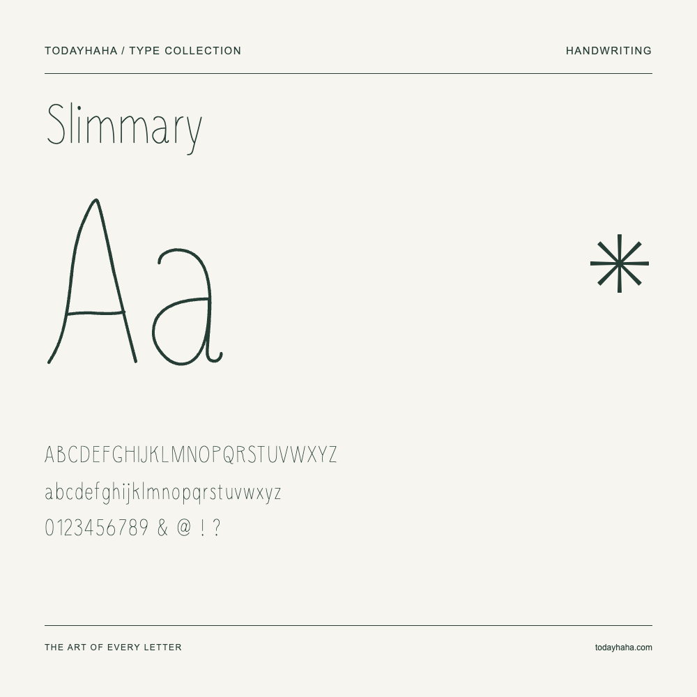 Slimmary — Schriftmuster mit Großbuchstaben, Kleinbuchstaben und Ziffern