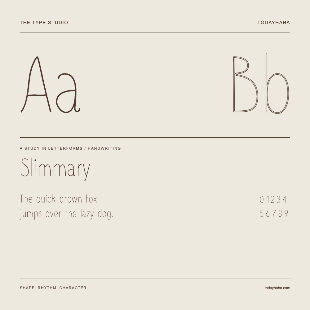 Slimmary — Buchstabenstudie mit Beispielsatz und Ziffern