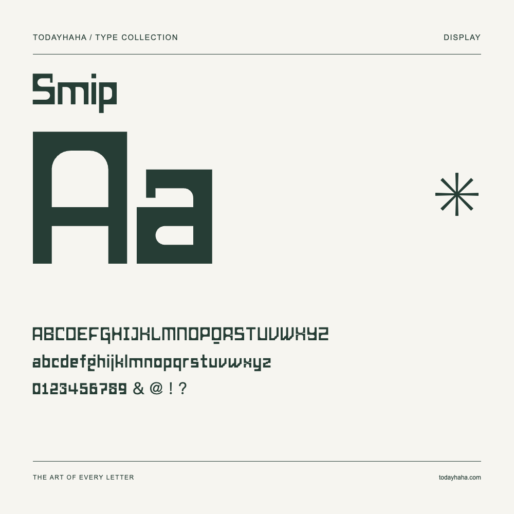 Smip — Spécimen avec majuscules, minuscules et chiffres
