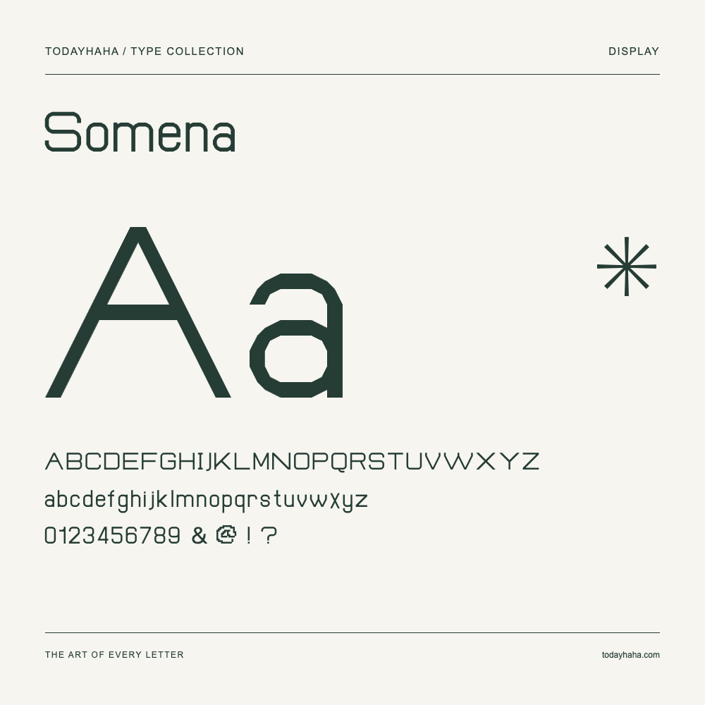 Somena — Schriftmuster mit Großbuchstaben, Kleinbuchstaben und Ziffern