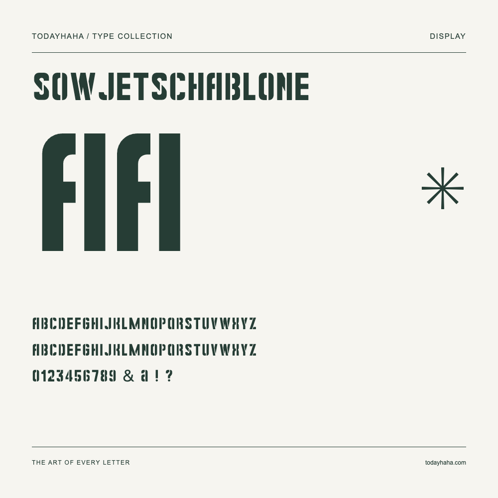 Sowjetschablone — Schriftmuster mit Großbuchstaben, Kleinbuchstaben und Ziffern