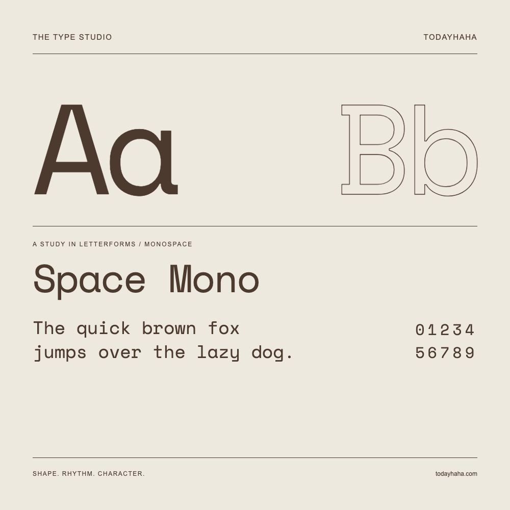 Space Mono — Letterform study with sample sentence and numbers
